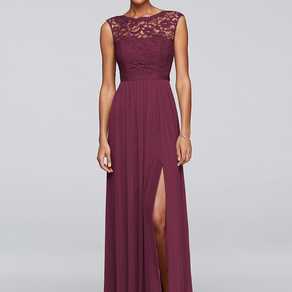 David’s Bridal long lace bridesmaid dress